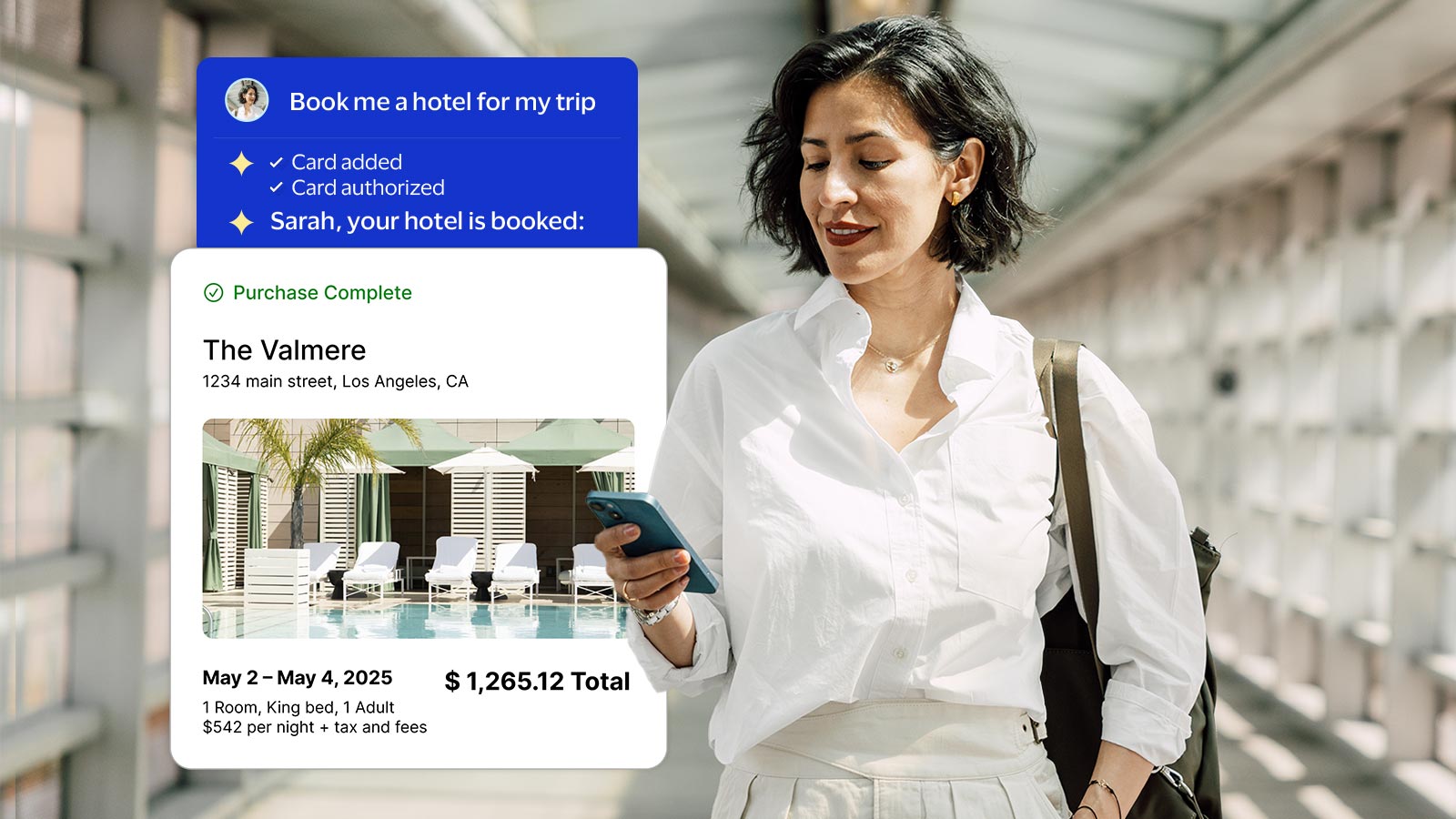 A woman receives confirmation on her phone—her hotel is booked via AI assistant, showcasing seamless, intelligent commerce and payment authorization. 