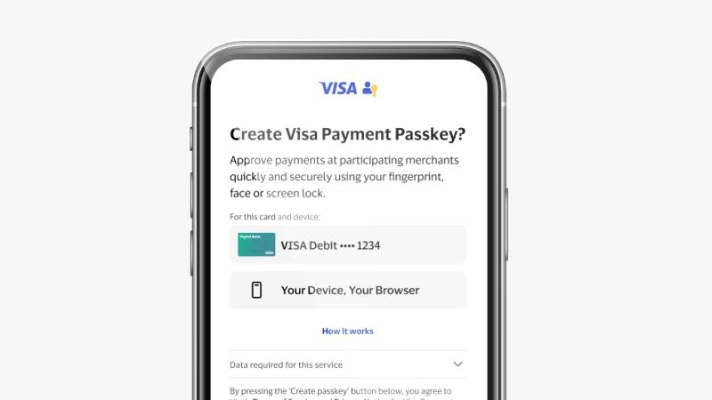 Phone screen showing confirmation message ‘Create Visa Payment Passkey?’