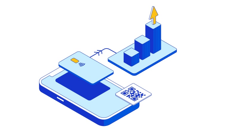 Illustration of mobile payment with credit card and QR code, leading to a rising bar chart symbolizing financial growth.