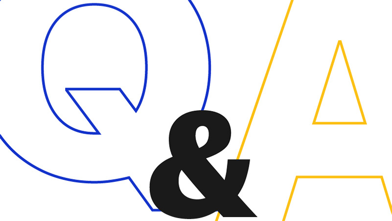 Graphic with oversized outlined letters Q&A bleeding out of frame